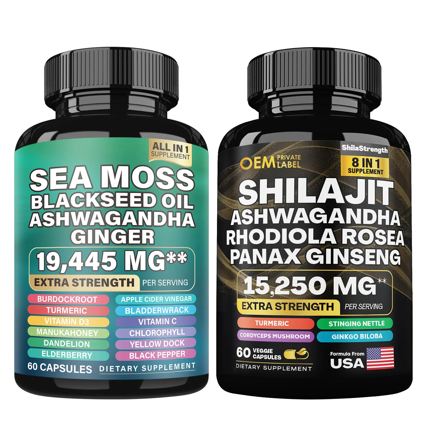 Cápsulas de óleo de semente preta Ashwagandha OEM 8 em 1 para o mar, cápsulas de 7000 mg, suplemento Shilajit Ashwagandha com raiz de mosca e bexiga