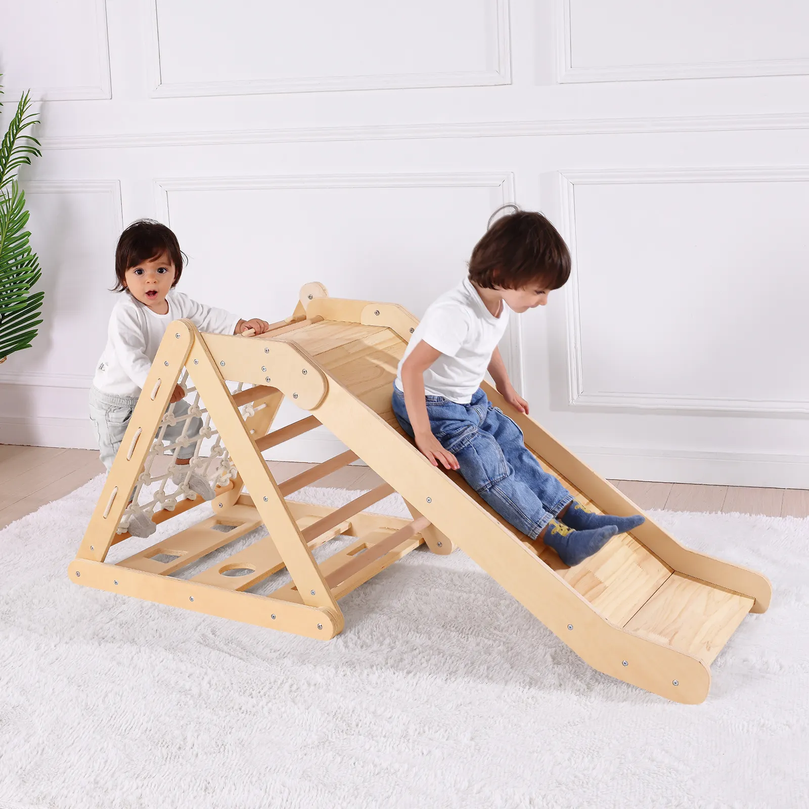 Marco de escalada triangular de madera 2 en 1 para niños y tobogán para niños, juguetes de escalada triangular para gimnasio interior