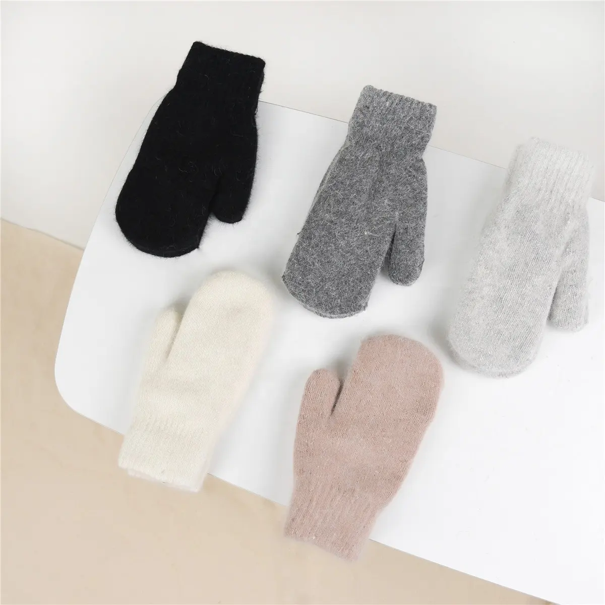 Gants en laine pour femme et femme, accessoire de mode, cheveux de lapin Angora, tricoté, chaud, cadeau d'hiver, mitaines avec pouce, vente en gros