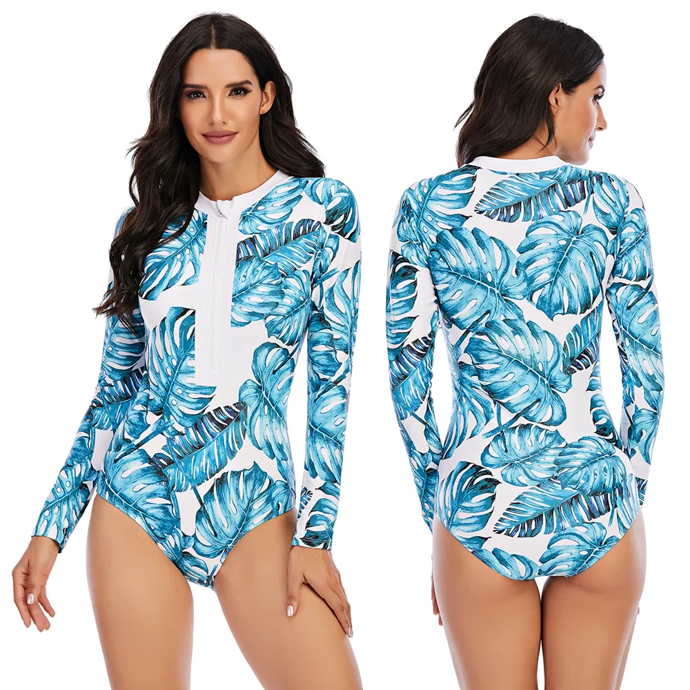 Jsn7101 maiô feminino de peça única, roupa de banho estampada, uma peça, biquíni, surf, manga longa, moda praia