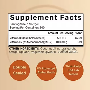 OEM Harga Terbaik <span class=keywords><strong>Vitamin</strong></span> D3 K2 MK7 Kekuatan Ganda dalam Kapsul Softgel dengan Minyak Kelapa Murni - Product Image 4