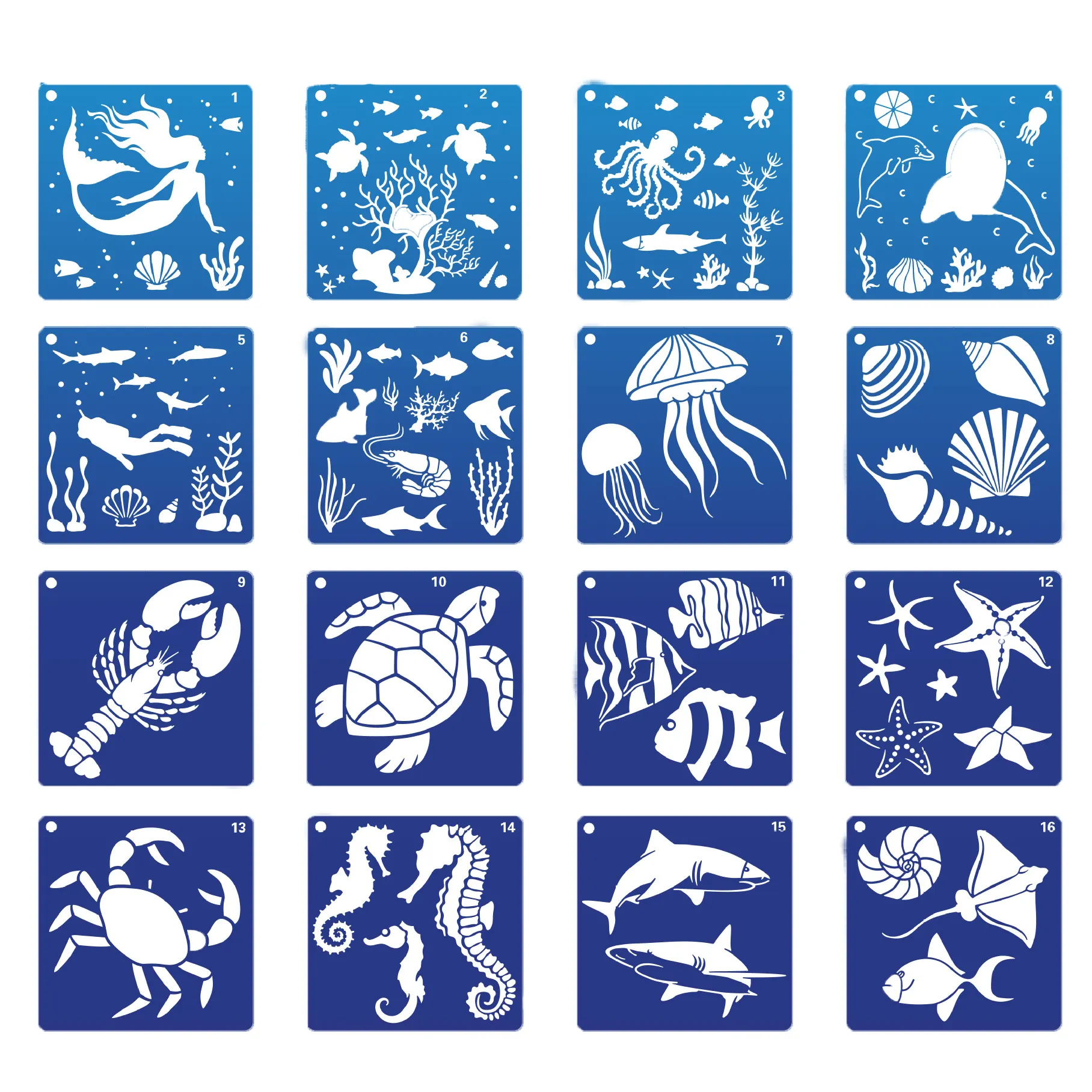 New 16 Pack Ocean Creatures Stencil Sea Animal Painting Stencils Template for Floor Wall Tile Fabric Furniture Stencils Painting