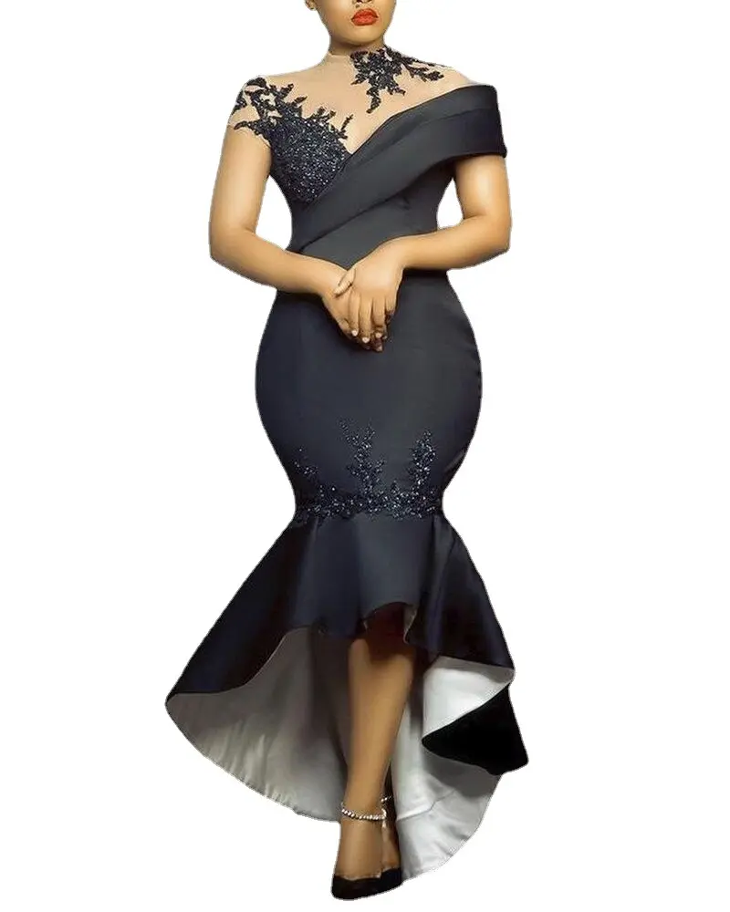 2022 African Women's High Street Style Long Dress Short Sleeve Round Neck Luxury Evening Dress Pure Color Floor Length Dress