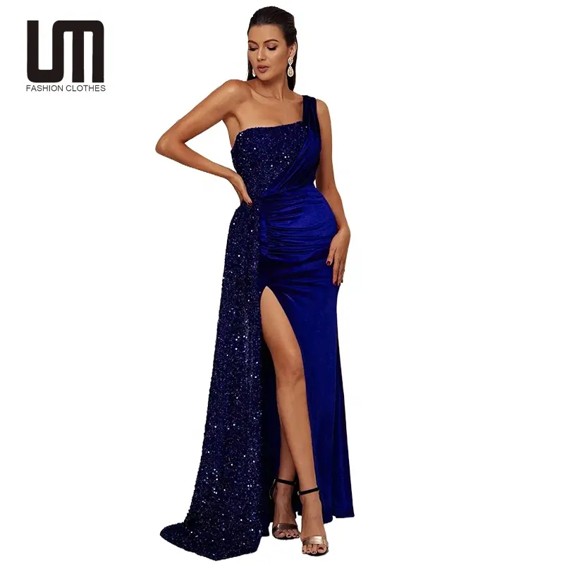 Liu Ming Elegante Luxo 2024 Mulheres Sexy Um Ombro Patchwork Sequin Party Prom Split Evening Bodycon Formal Maxi Dress