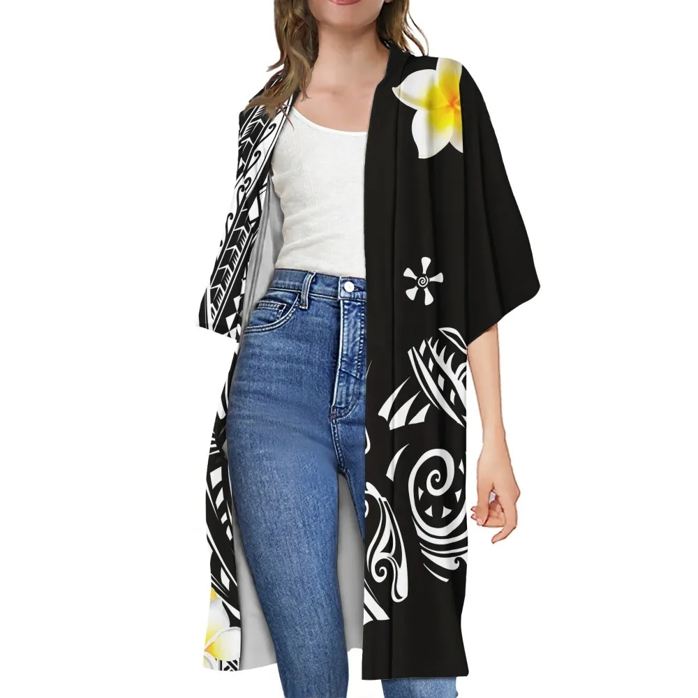 Siyah-beyaz bayanlar Kimono hırka polinezya Tribal baskı gevşek kimono rahat 4XL artı boyutu kadın giyim uzun ceket ceket