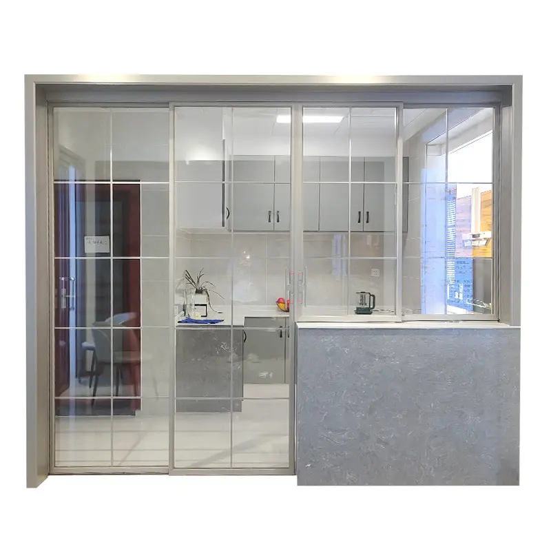 Grande cucina aperta porta scorrevole in vetro insonorizzata interna a forma di L con telaio bianco fondo senza cingoli in alluminio Slim Slide Design