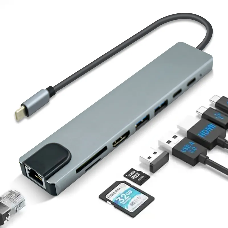 4K 다기능 어댑터 8 in 1 USB 타입 C to HD RJ45 기가비트 이더넷 어댑터 USB 3.0 허브 도킹 스테이션 카드 리더기 PD
