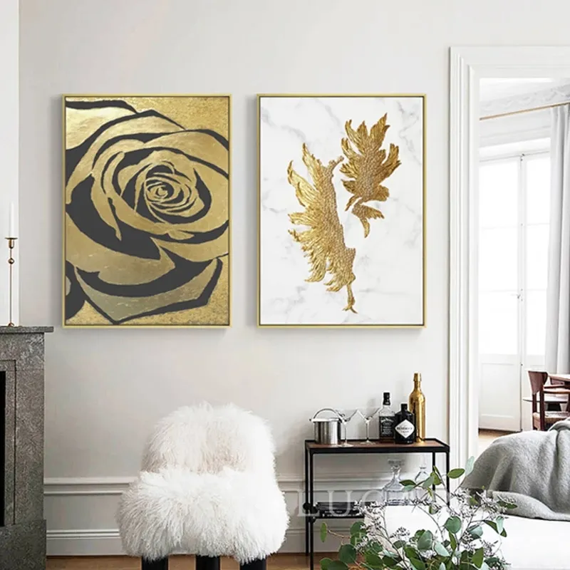 Live Room Home Decor Geschenk handgemalte goldene Blumen Kunst Hand Ölgemälde auf Leinwand
