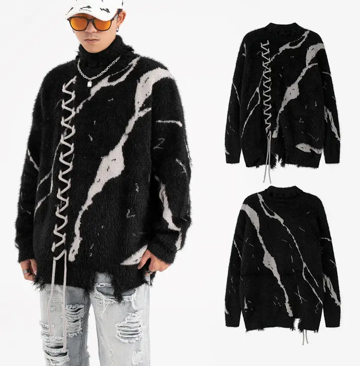 Nova Moda Inverno Pesado Mohair High Street Jumper Angora Puzzy Manga Longa Camisola De Malha Dividir Design Gola Alta Camisola Dos Homens