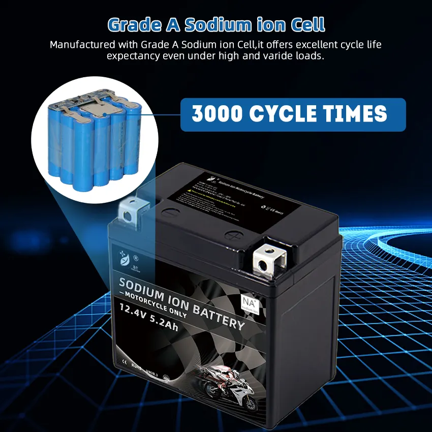 Individuelle Natrium-Ionen-Motorradbatterie 12 V 5 Ah 5.2 Ah 6.5 Ah 10 Ah 20 Ah 30 Ah Na-Ionen für Motor-ATV UTV Jet-Ski-Rasenmäher