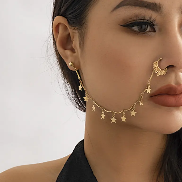 Fashion Cool Pearl Piercing Jewelry Butterfly Tassel Earrings Nose Rings Sweet Punk Star Nose Chains Clip for Ladies