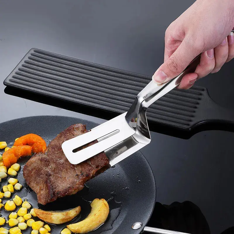 Morsetto per bistecca multifunzionale in acciaio inossidabile da cucina morsetto per alimenti con pala per friggere per barbecue e pesce fritto semplice