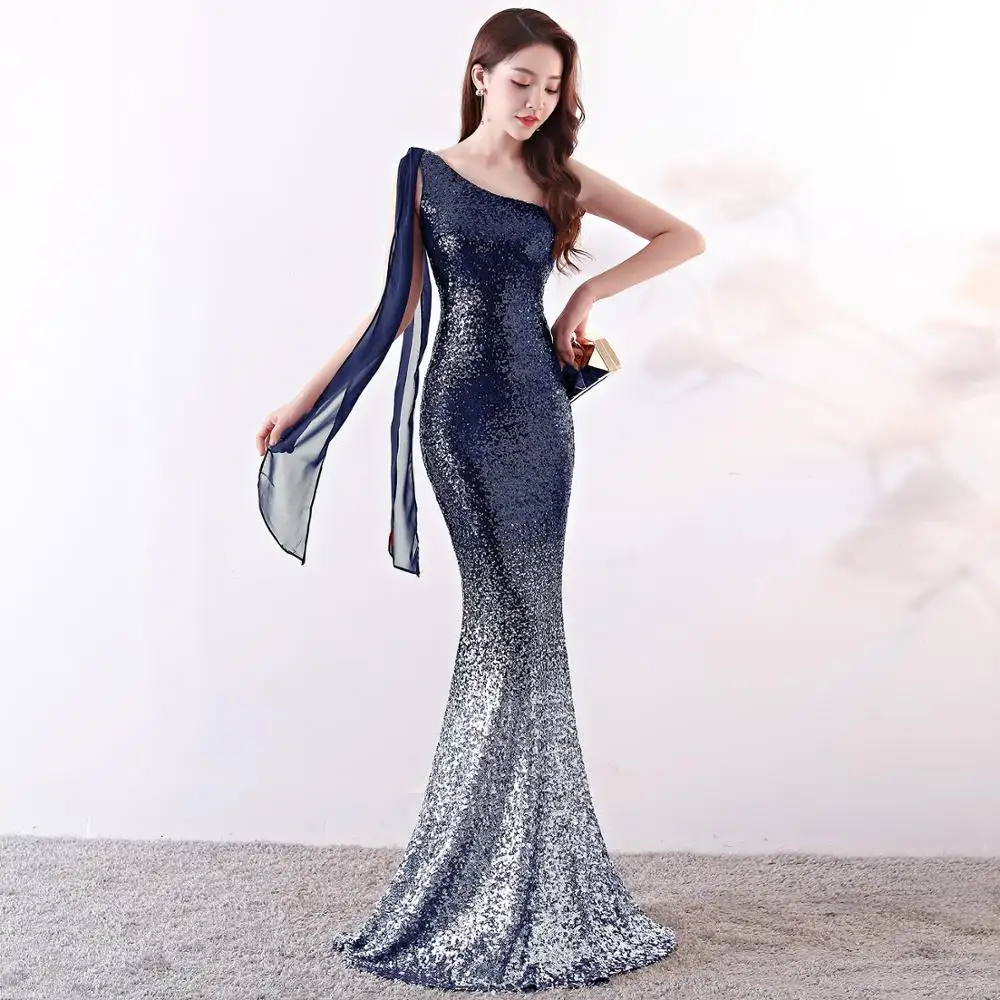 Yeni slash boyun şerit dekorasyon kol fishtail elbise degrade pullu ziyafet uzun akşam kore balo kıyafetleri