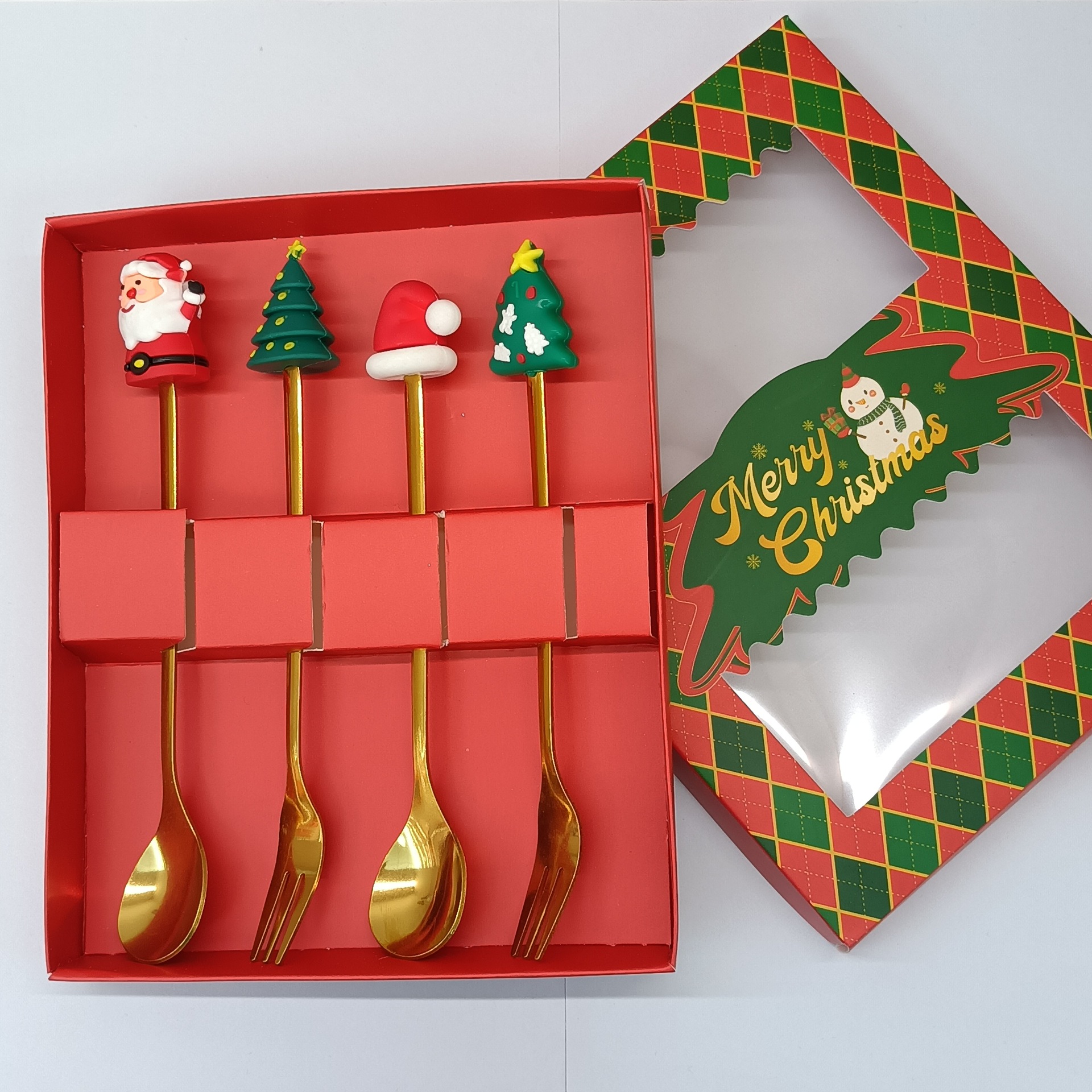 Ensemble de couverts (cuillère et fourchette) en forme de B, poli à la machine, couleur or - 4 pièces - Rouge Noël