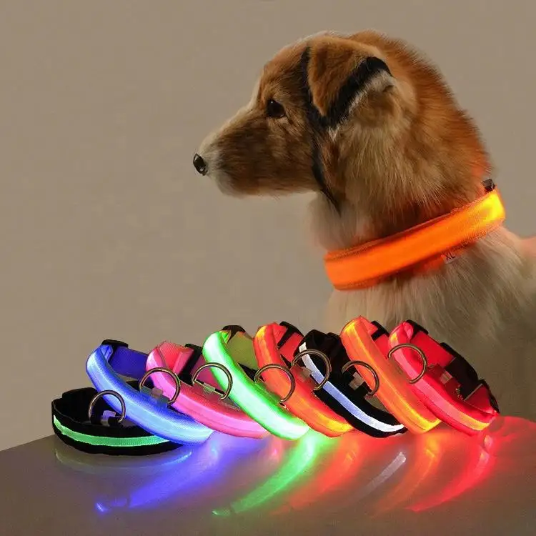 WELLGO Multicolor Battery Light Glow in Dark Dog Collar Usb Rechargeable Light Up Polyester Led Pet Dog Collar Leash