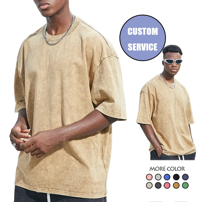 T-shirt da uomo in cotone pesante di alta qualità stile stile abbigliamento da strada lavate magliette marroni oversize Logo personalizzato