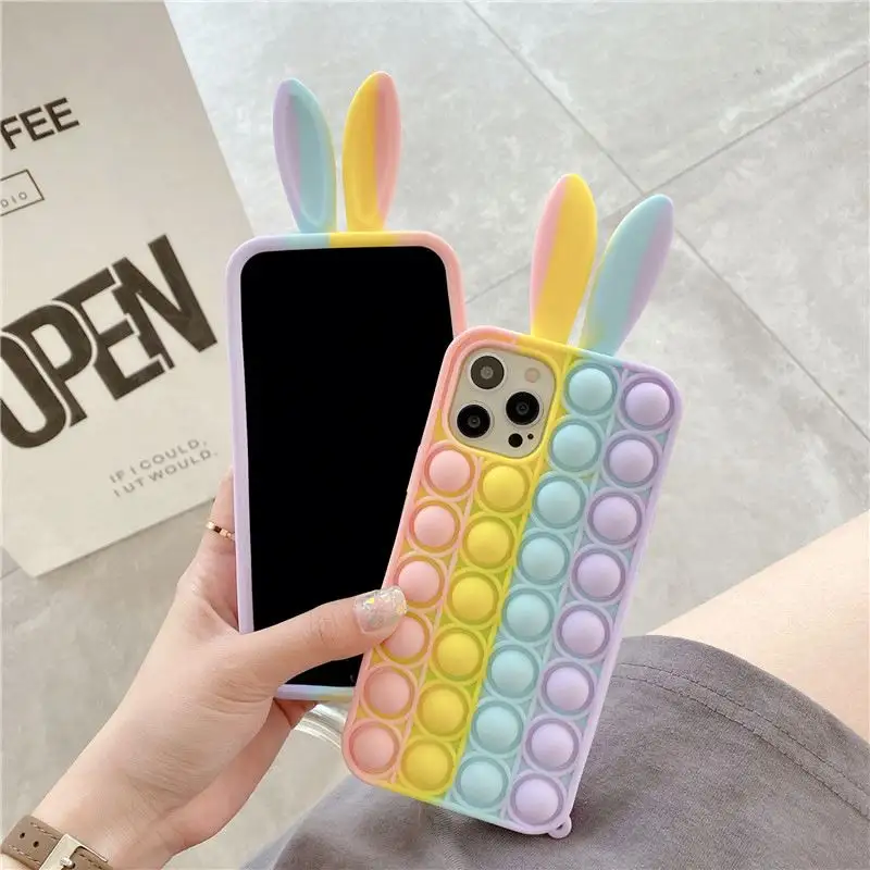 뜨거운 판매 3D 토끼 귀 전화 케이스 실리콘 소프트 푸시 버블 구원 투수 스트레스 아이폰 12 11 프로 맥스 7 8 휴대 전화 액세서리
