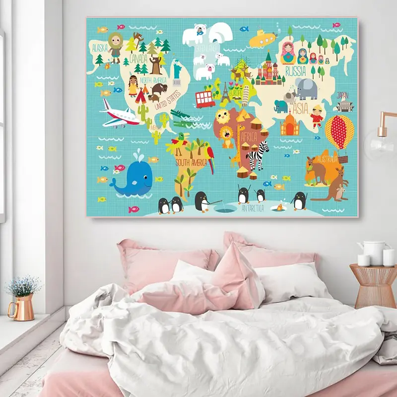 رسوم متحركة لخريطة العالم برسومات الحيوانات والمحيطات ملصق قماش لطفل رضيع مطبوع صورة جدارية فنية ديكور لغرفة نوم الطفل
