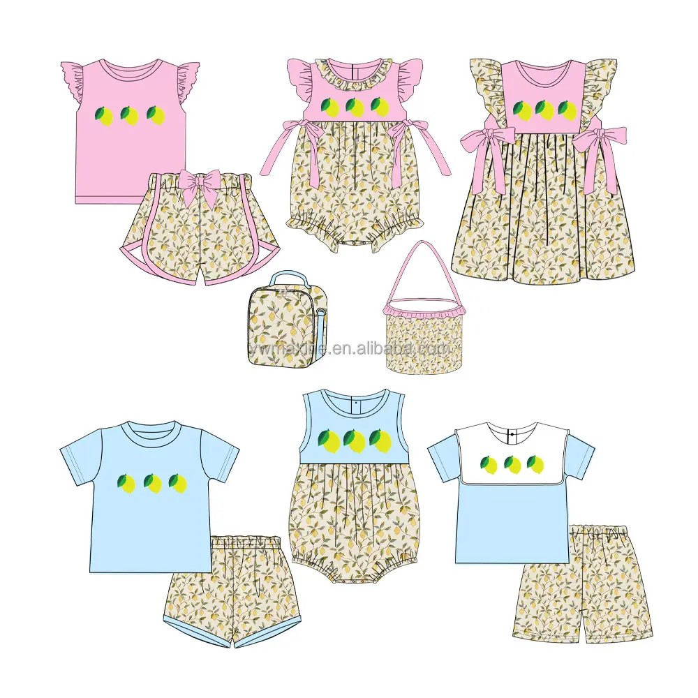 パーソナルデザイン子供服ブティックレモン刺Embroidery女の赤ちゃんのシャツと短い衣装