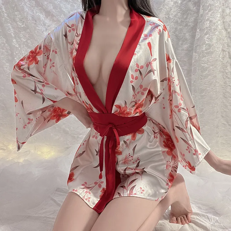 Kimono Lencería erótica Cárdigan ultracorto Cinturón de doble propósito Tangas Traje Coreano Japonés Mujeres maduras Lencería sexy Caliente