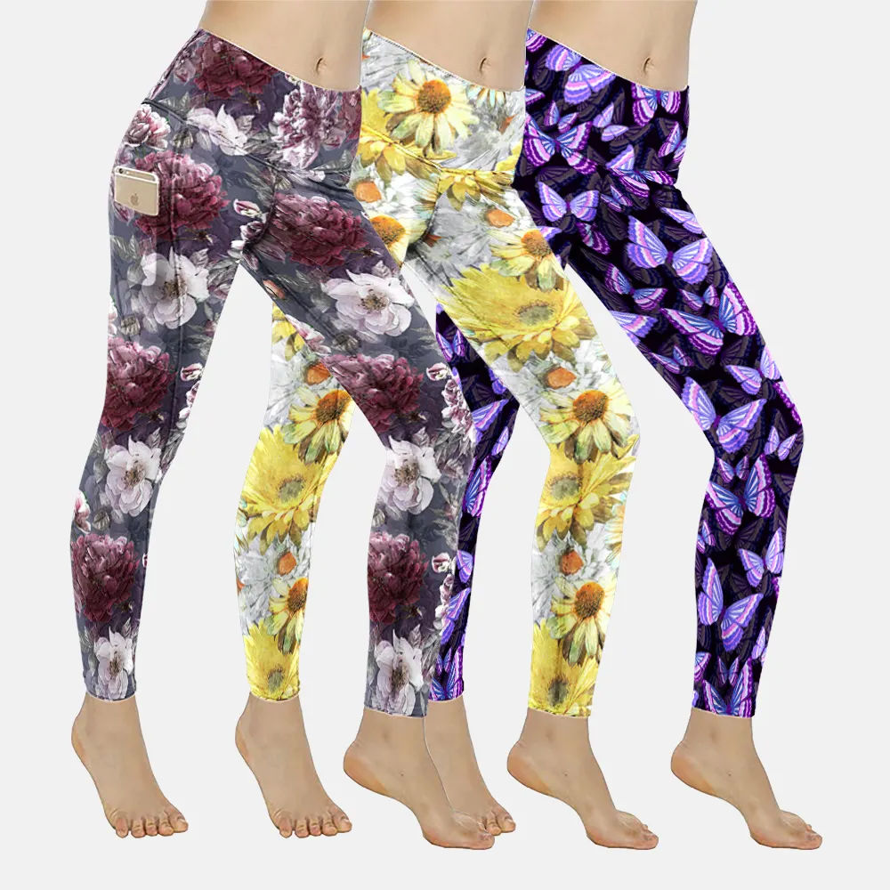 Mallas de Yoga de cintura alta con sublimación de diseño personalizado para niñas, mallas con estampado floral, mallas de entrenamiento informales al por mayor para mujeres