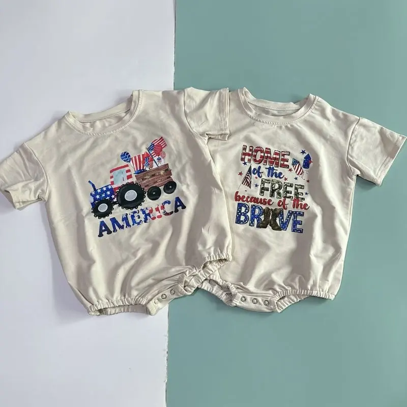 2024 grosir baju bayi kaus oblong cap panas anak-anak kaus bendera usa baju Romper gelembung bayi balita