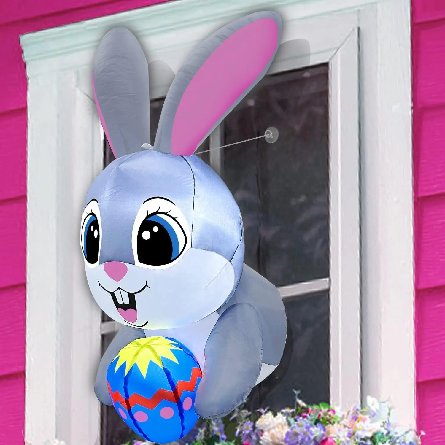 Decoraciones inflables para exteriores de Pascua, conejito que se inclina hacia fuera de la ventana con luces LED integradas, patio de soplado