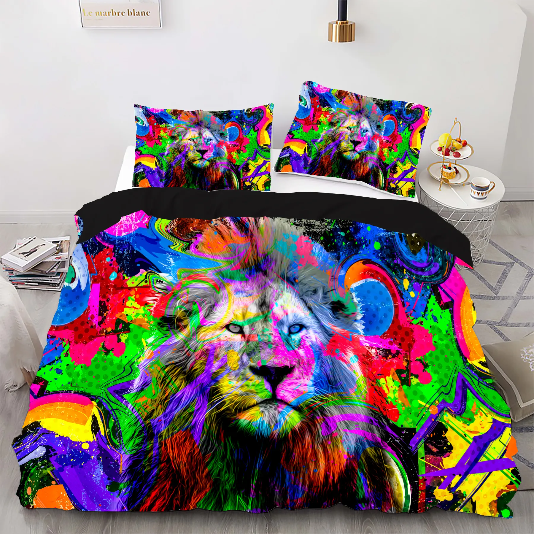 ชุดเครื่องนอนผ้าฝ้ายสำหรับผู้ใหญ่ชุดเครื่องนอนพิมพ์ลายสัตว์สิงโตหลากสีแบบ3D