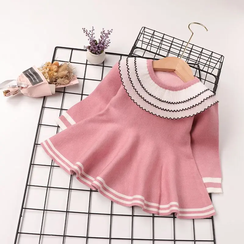 Venta al por mayor de lujo Boutique de encaje escote primavera otoño niños ropa suéter de niña vestido de bebé