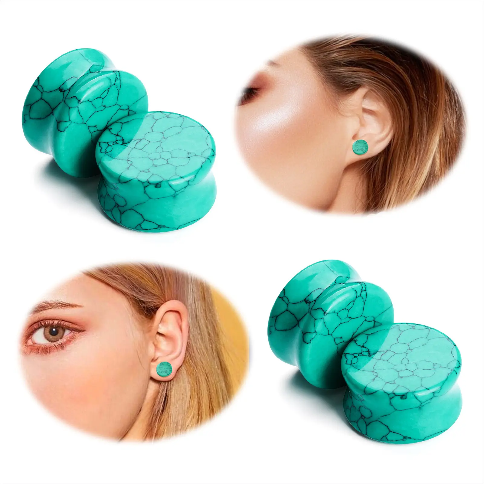 NUORO-Dilatador de oreja de piedra turquesa natural, expansor de oreja antialérgico, tapones para túnel, pendientes, piercing corporal, joyería, 2 uds.