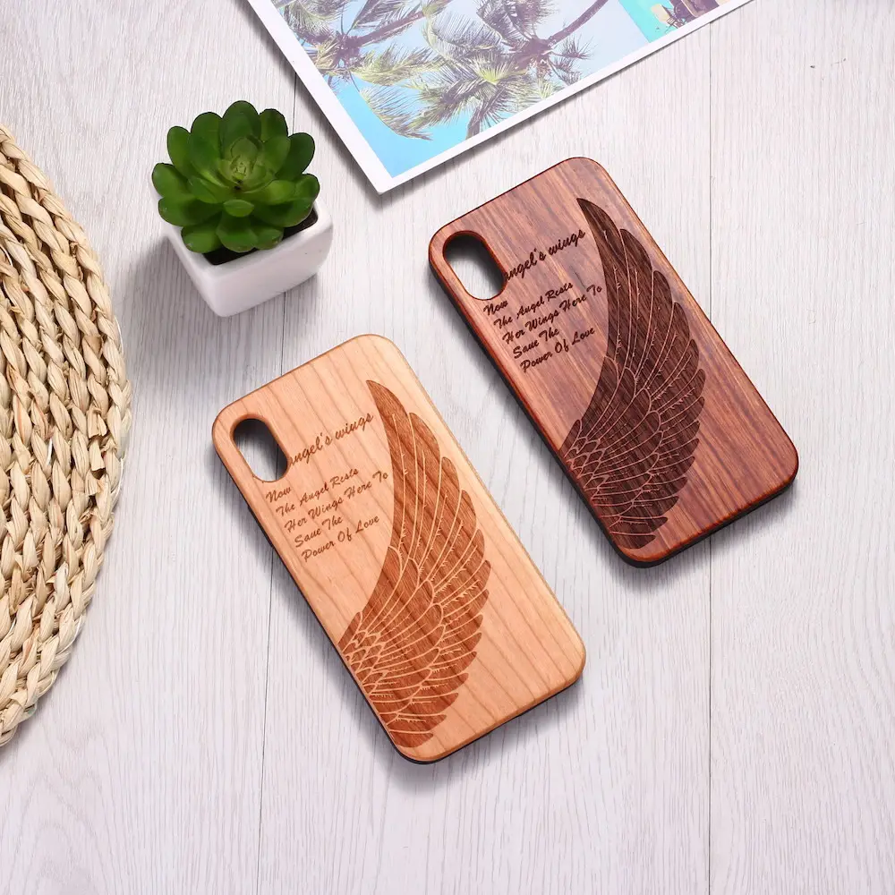 Coque de téléphone portable personnalisée écologique ailes lettres bambou bois véritable bois couverture arrière pour Iphone 11 12 13 14 15 Pro max