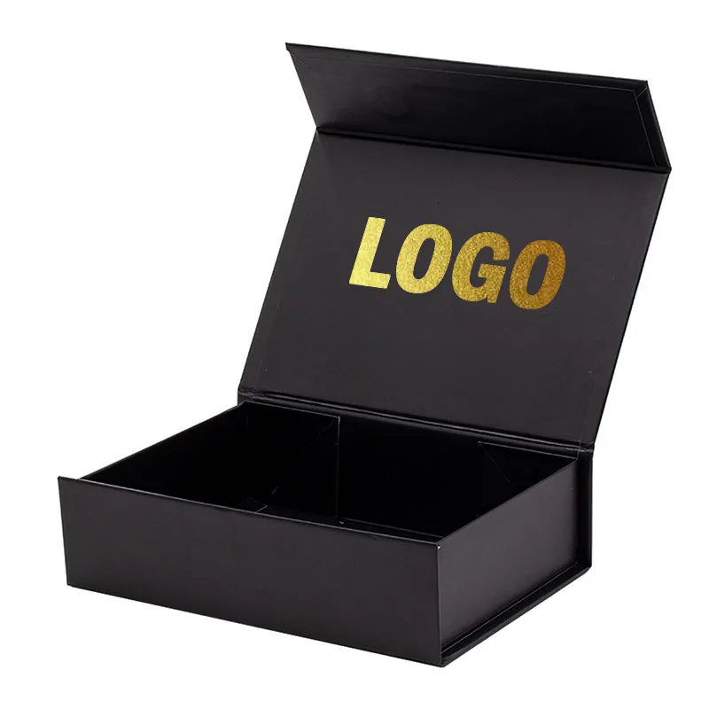 Caja de embalaje de papel negro, tapa magnética de cartón reciclada con impresión de lámina dorada
