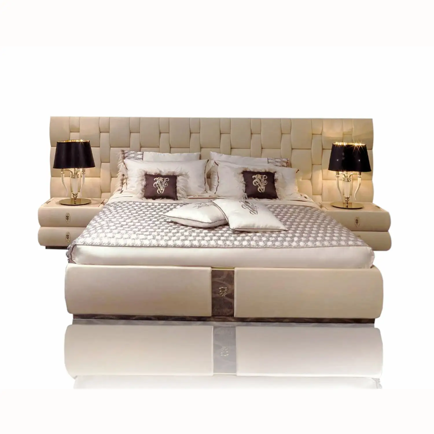 سرير مفروش مرتفع مقاس كبير إطار رمادي قماش بتصميم إيطالي غرفة نوم مع لوح رأس من القماش المخملي مخصص