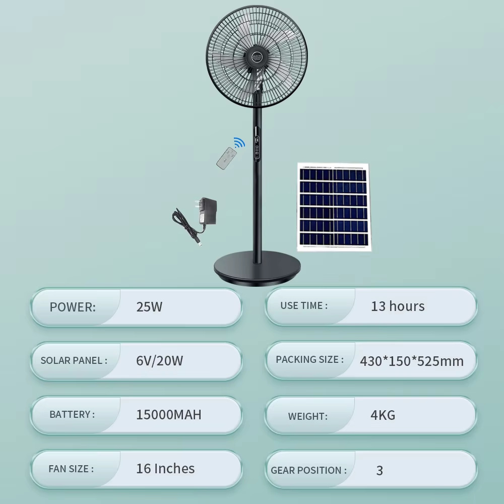 Black solar-powered floor fan