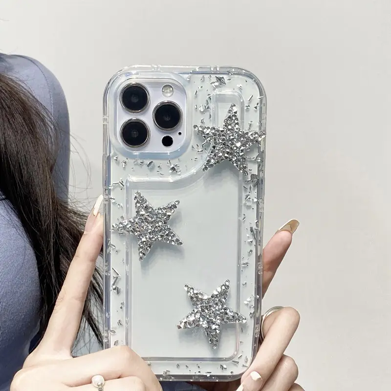 Casing ponsel bintang 3D berkilau Korea, casing penutup Bumper silikon lunak tahan guncangan bening untuk iPhone 14 13 12 11 Pro Max 14 Plus