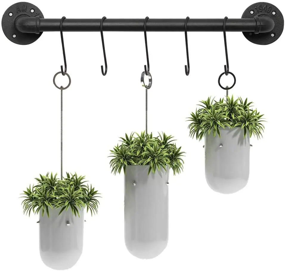 Wall Mounted Pot Pan Rack 21'' Set of 2, Industrial Utensils Wall Hanger Iron Pipe Kitchen Hanging Rail with 10 S Hooks