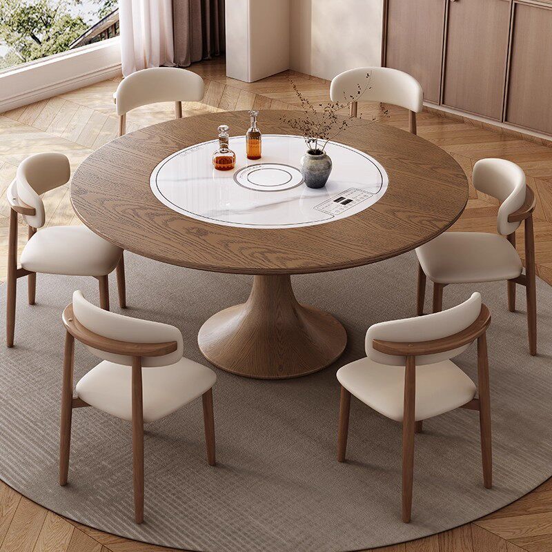 Table ronde en bois massif, chaise à 6 pieds en corne