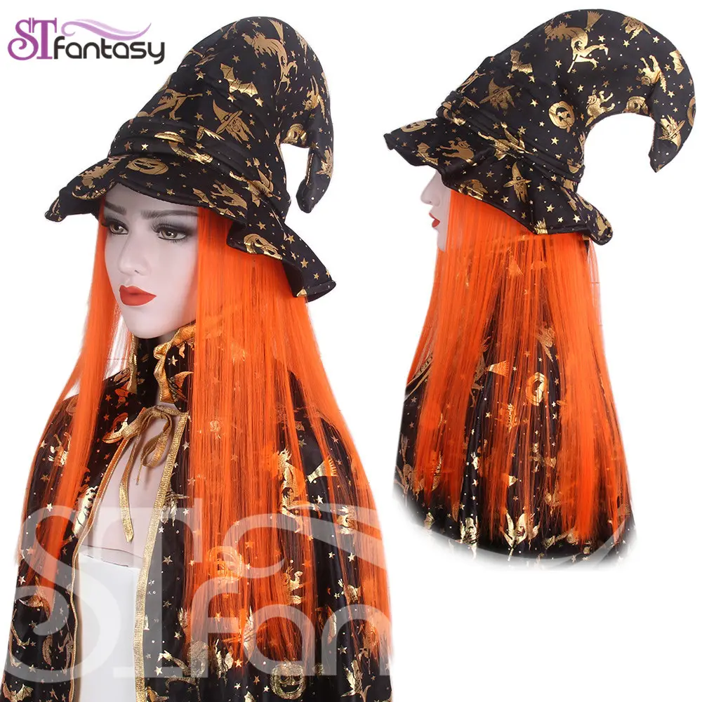 Parrucca per costume di Halloween Cosplay per feste parrucche per cappello di estensione dei capelli sintetici parrucca lunga arancione per Halloween