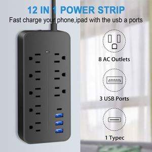 带<span class=keywords><strong>8</strong></span>个插座的扁平插头3个<span class=keywords><strong>USB</strong></span>端口1个C型1250W延长线电源板