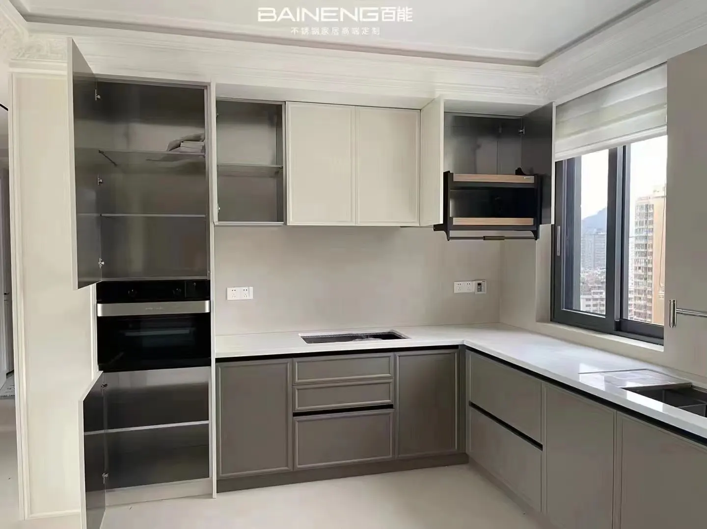 Furnitur dapur besi tahan karat lemari Modular Modern set lemari dapur buatan khusus pintar siap dirakit