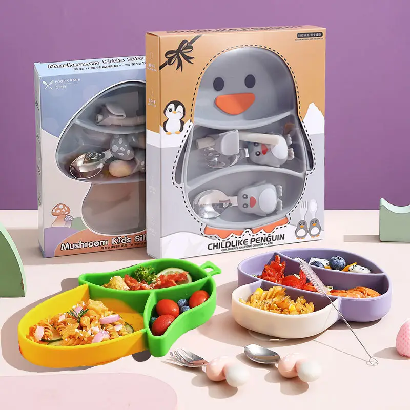 Baby Baby Kids Siliconen Servies Set Aardbei Wortel Pinguïn Paddenstoel Vorm Siliconen Baby Voeding Diner Bord Bestekset