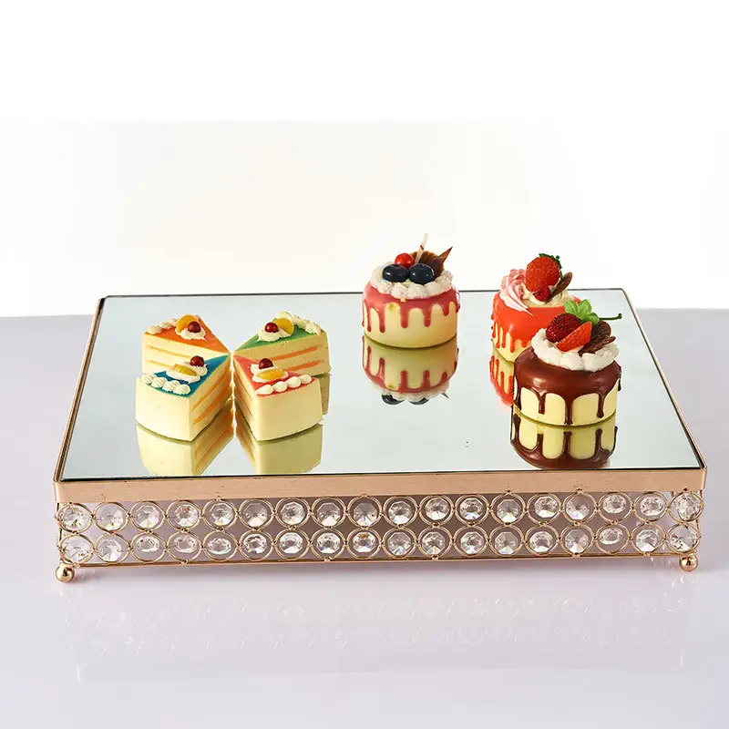 Soporte cuadrado de cristal dorado para pasteles, bandeja de 20/30/40 cm con espejo de metal, mesa de postre para banquete de boda