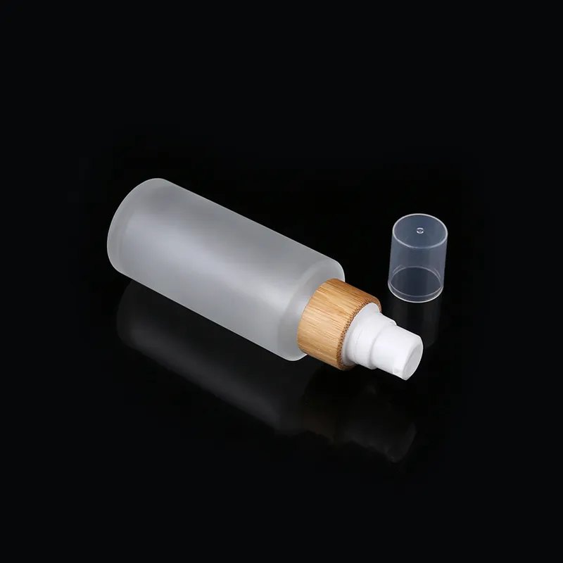 Natural 100% 100ml Perfume Frosted Glass Oil Pump Bottle Glass and Bamboo Spray Bottle for Makeup Packaging