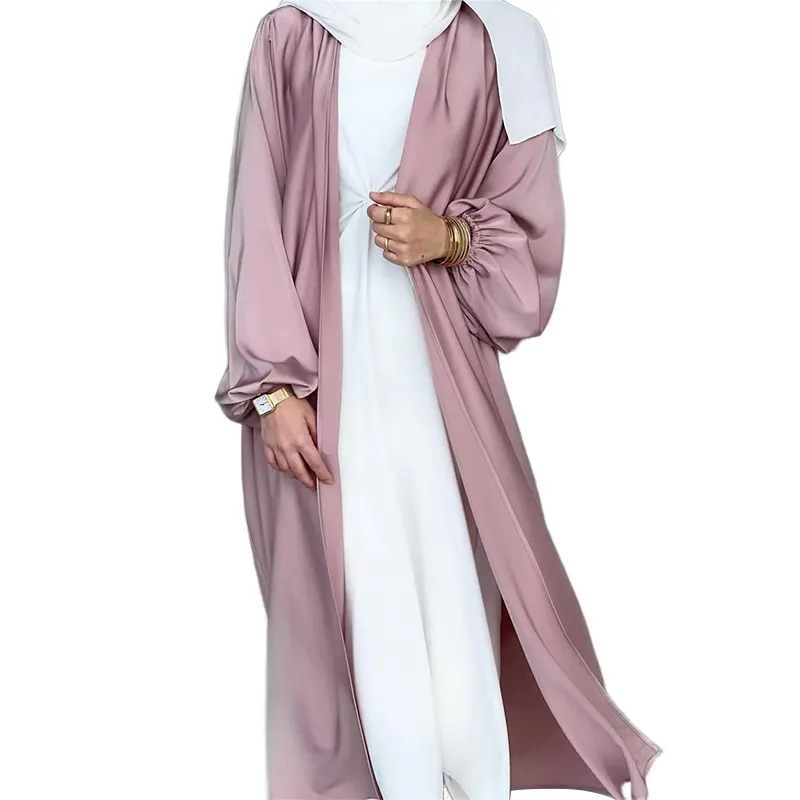 Modern tarzı saten açık Abaya Kimono Dubai boncuklu Enfant islami elbise