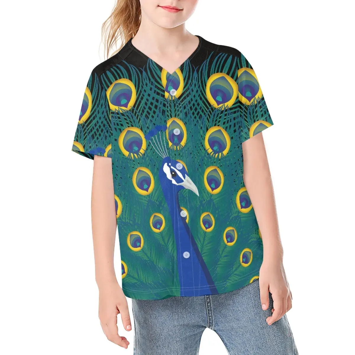 Camisa de béisbol personalizada de pavo real elegante, camisa de béisbol informal juguetona para niños, camisa de béisbol Chipper cómoda directa de fábrica