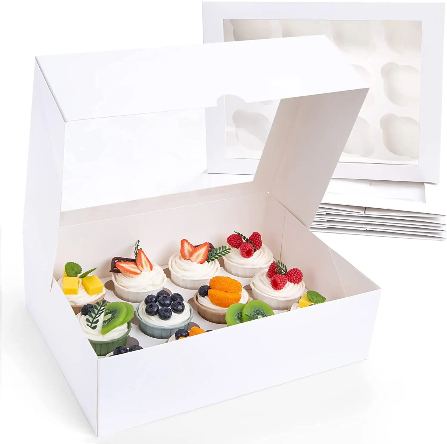 Scatole o contenitori per Cupcake bianchi all'ingrosso 12 conteggi con finestra per forniture da forno