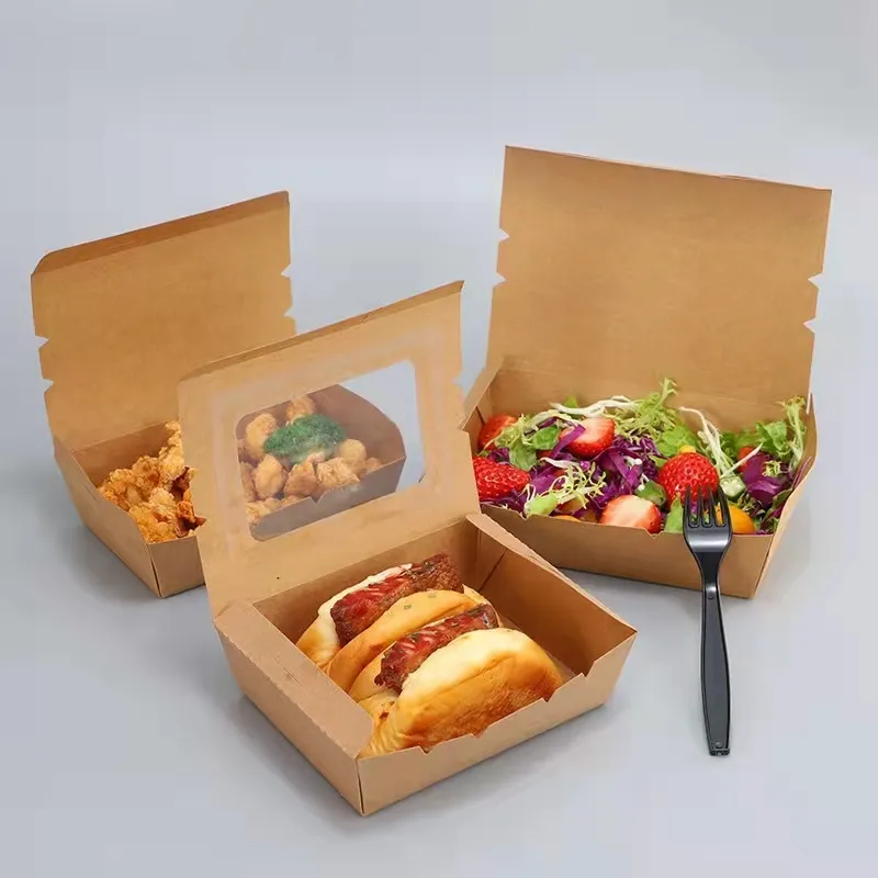 Boîte en papier Kraft jetable, 10 pièces, avec fenêtre, haute qualité, vente en gros, papier Kraft marron de qualité alimentaire