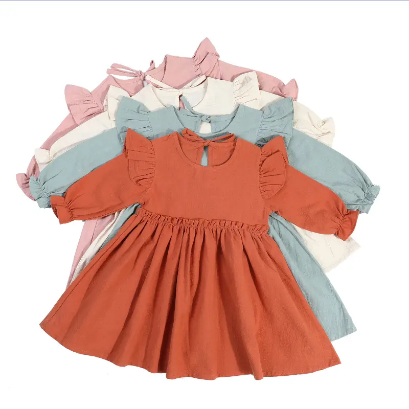 Bebek kız elbise pamuk prenses elbise çocuk giyim uçan kollu çocuk kız elbise rahat düz renk