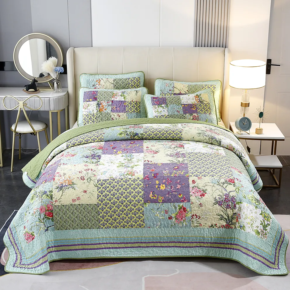 Copriletto trapuntato in cotone nuovo di vendita caldo copriletto stampato copriletto Patchwork King Size Set copriletto per Set letto matrimoniale