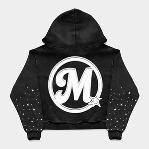 Fournisseur Streetwear Vintage Personnalisé Hommes Patch Brodé Coton Polaire Recadrée Lavage à l'Acide Strass Zip up Hoodies Haute Qualité - Product Image 2